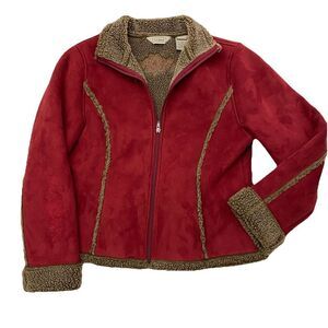 LL Bean Women Small Red Suede Brown Sherpa Lining Floral Embroidered Coat Jacket